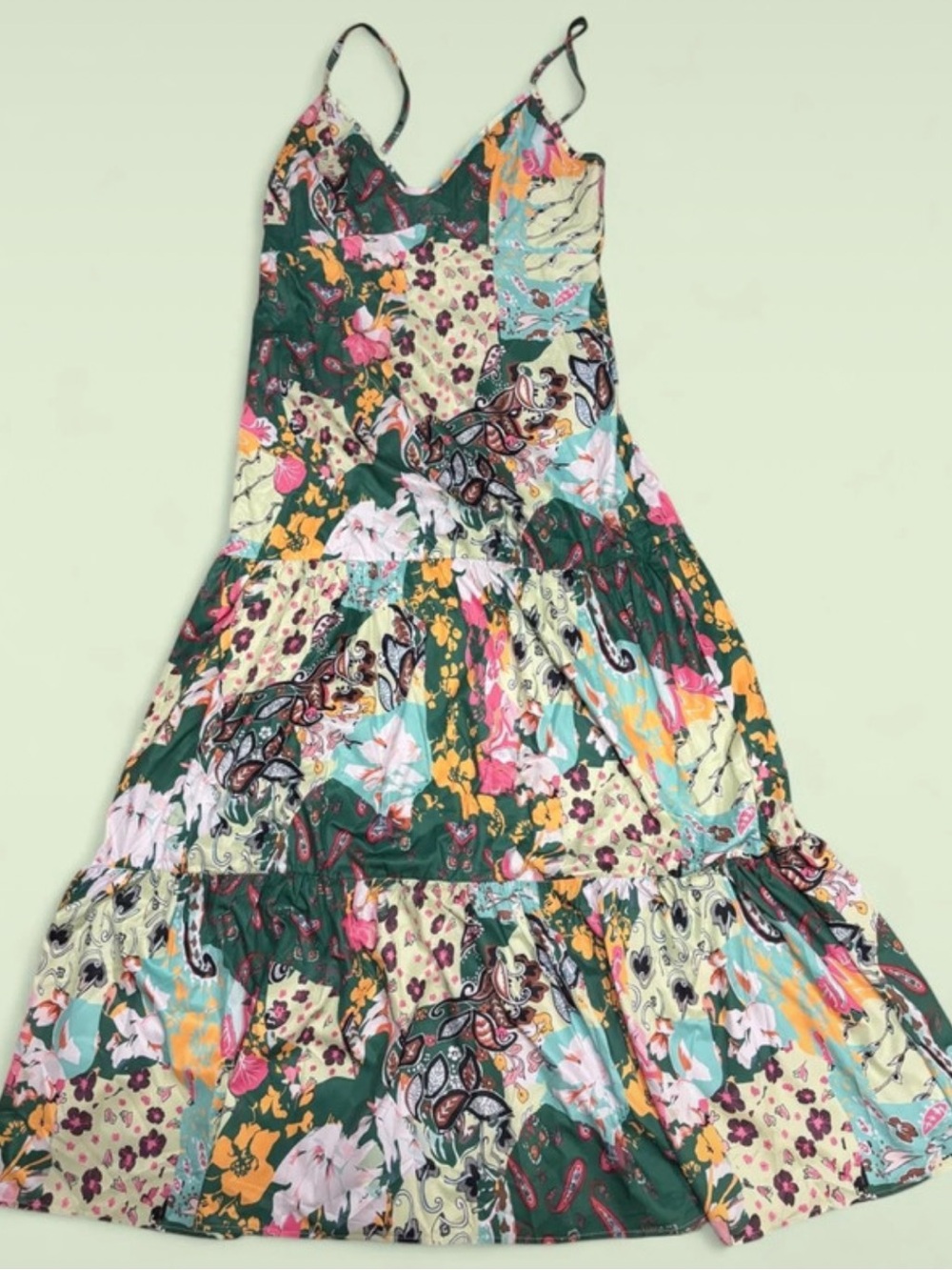 Girls' Green Floral Patchwork Maxi Dress with Spaghetti Straps